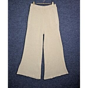 Free People Pants Women Large Oatmeal Beige High Rise Super Wide Leg Ribbed EUC‎